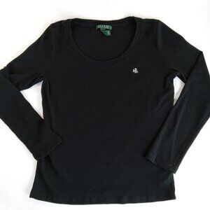 Lauren Ralph Lauren Women's Black 100% Cotton Long Sleeve Scoop Neck Top LARGE